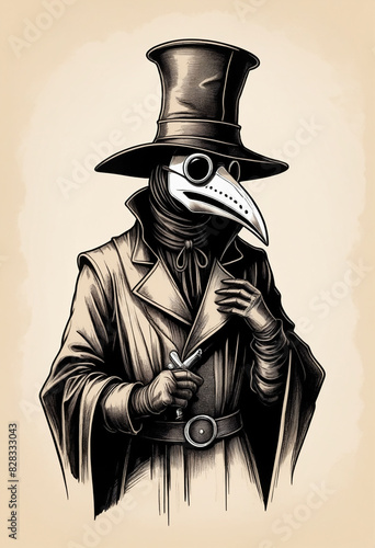 Plague doctor with mask and hat on an empty space hand drawn ink sketch, sketch vintage illustration