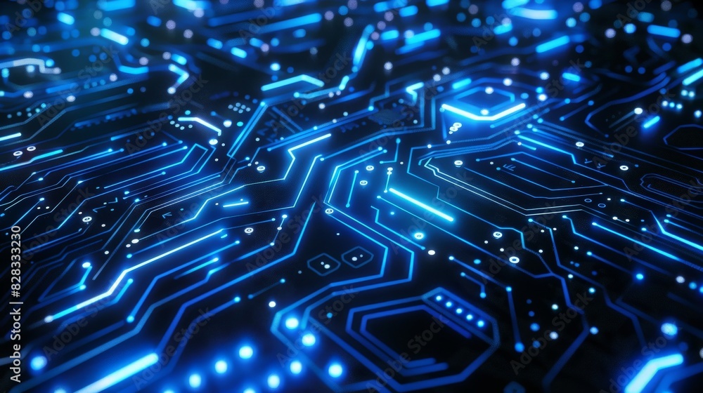 A futuristic abstract technology background featuring intricate neon circuit patterns in vibrant blue. The glowing neon elements create a mesmerizing and dynamic visual effect, perfect for conveying A futuristic abstract technology background featuring intricate neon circuit patterns in vibrant blue. The glowing neon elements create a mesmerizing and dynamic visual effect, perfect for conveying