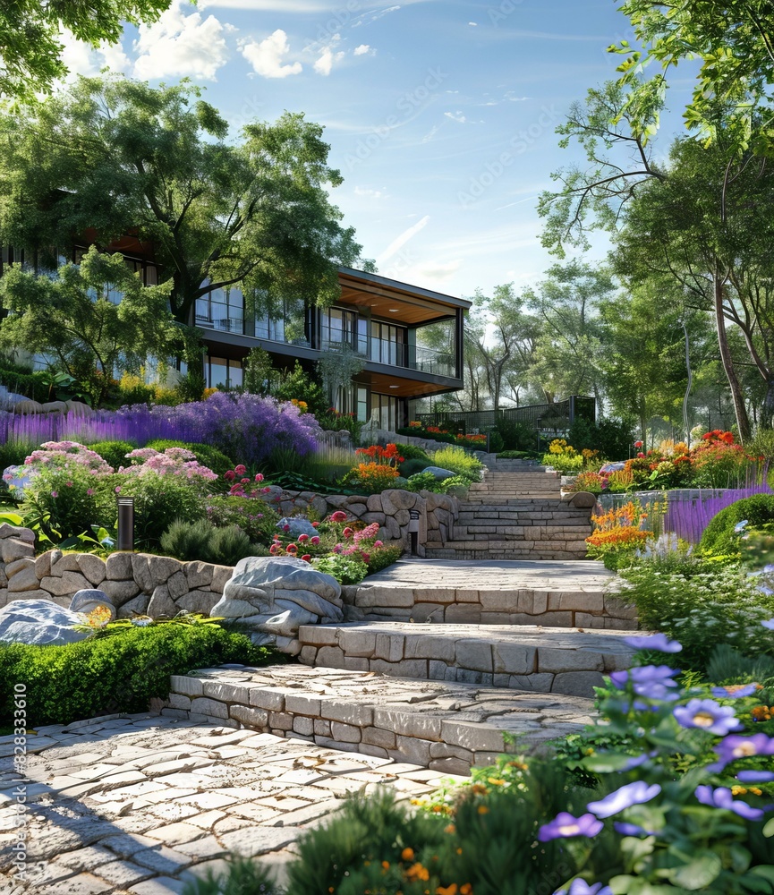 Lush Garden Stairway Leads to Modern Home