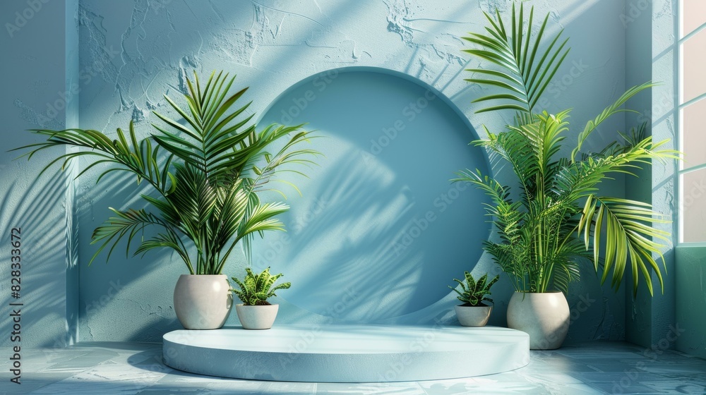 Blue Geometric Cylinder with Green Plants Blue Geometric Cylinder with Green Plants