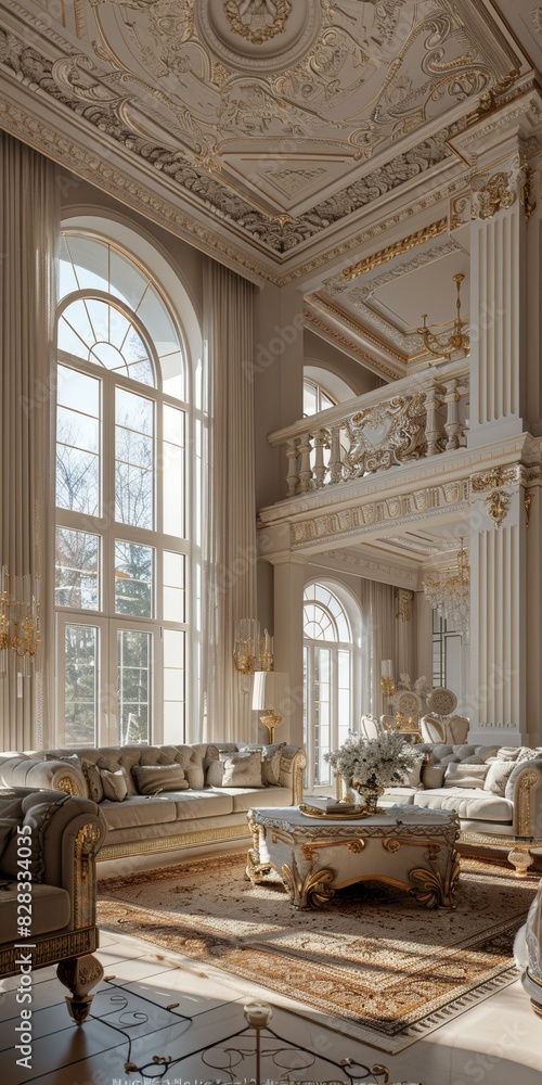Ornate Living Room With Two-Story Windows