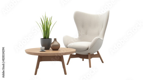 Modern white armchair and wooden table isolated on white background