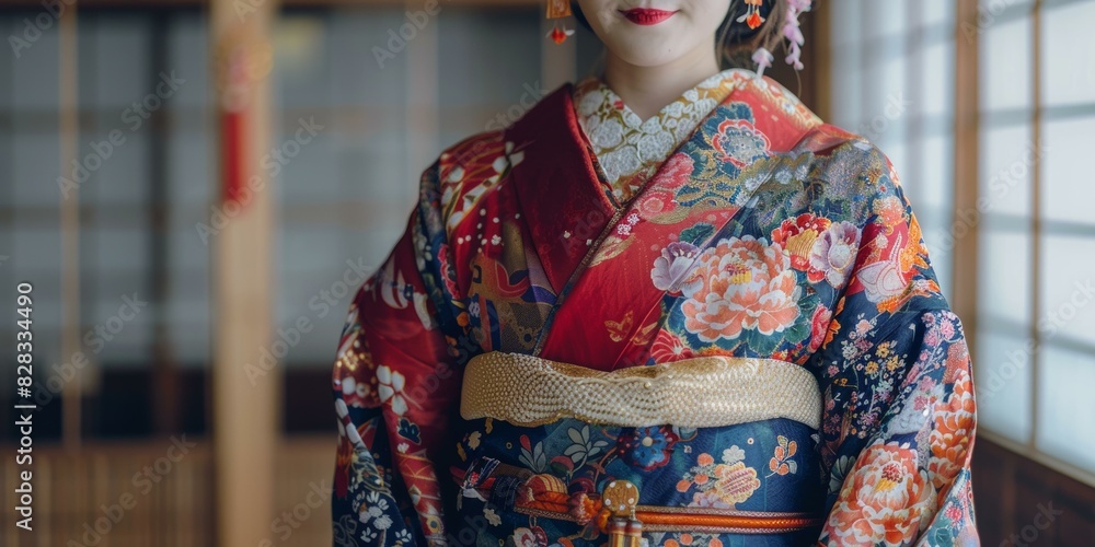A woman wearing a kimono with floral patterns A woman wearing a kimono with floral patterns