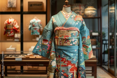 A kimono with a floral pattern and a red obi sash displayed on a mannequin in a traditional Japanese room