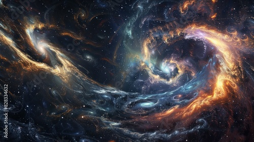 Nebulae and galaxies swirl in the vast expanse of space  creating a mesmerizing abstract cosmos background.