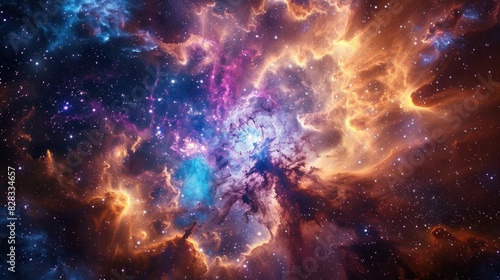 Nebulae and galaxies swirl in the vast expanse of space, creating a mesmerizing abstract cosmos background.