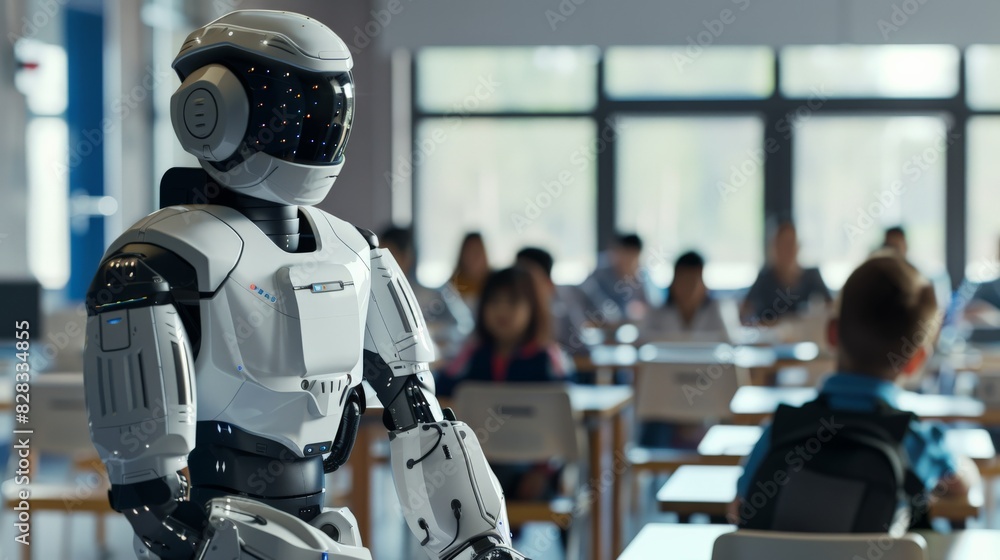 Robot teacher conducting a class in a futuristic classroom, illustrating the integration of technology in education. Robot teacher conducting a class in a futuristic classroom, illustrating the integration of technology in education.