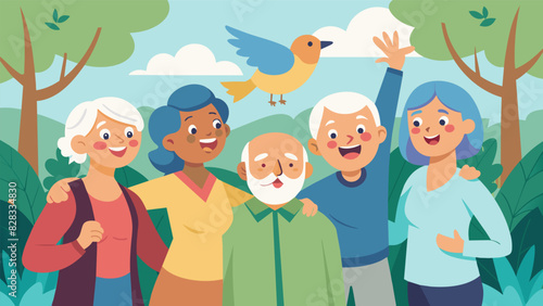 A cheerful group of seniors smiling and pointing to different bird species they spot in the trees.. Vector illustration