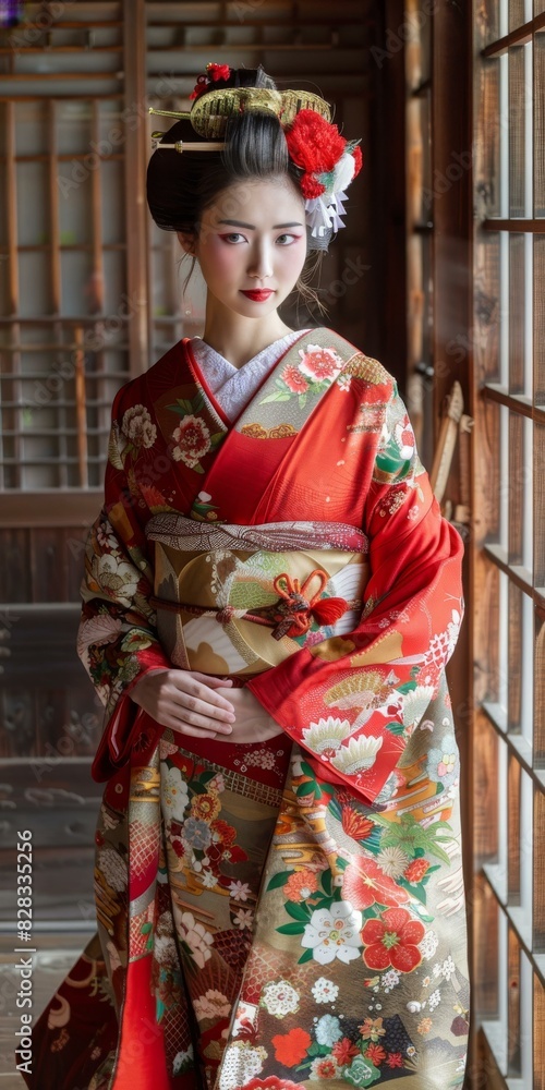A Japanese woman wearing a kimono is standing in a traditional Japanese house. A Japanese woman wearing a kimono is standing in a traditional Japanese house.
