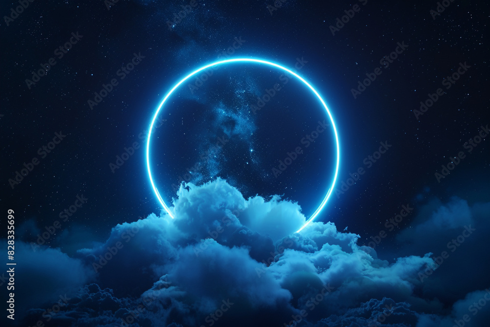 Night sky framed in 3D with an icy blue neon ring, set against abstract clouds. Night sky framed in 3D with an icy blue neon ring, set against abstract clouds.