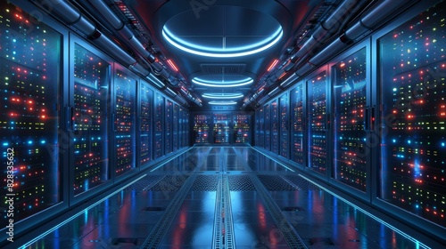Futuristic server room with blue and red lights photo
