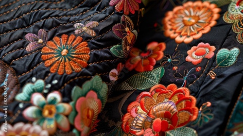 Colorful floral embroidery on a black background