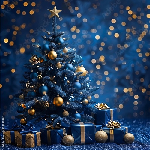 "Vibrant Christmas Tree with Gifts against a Blue Background"