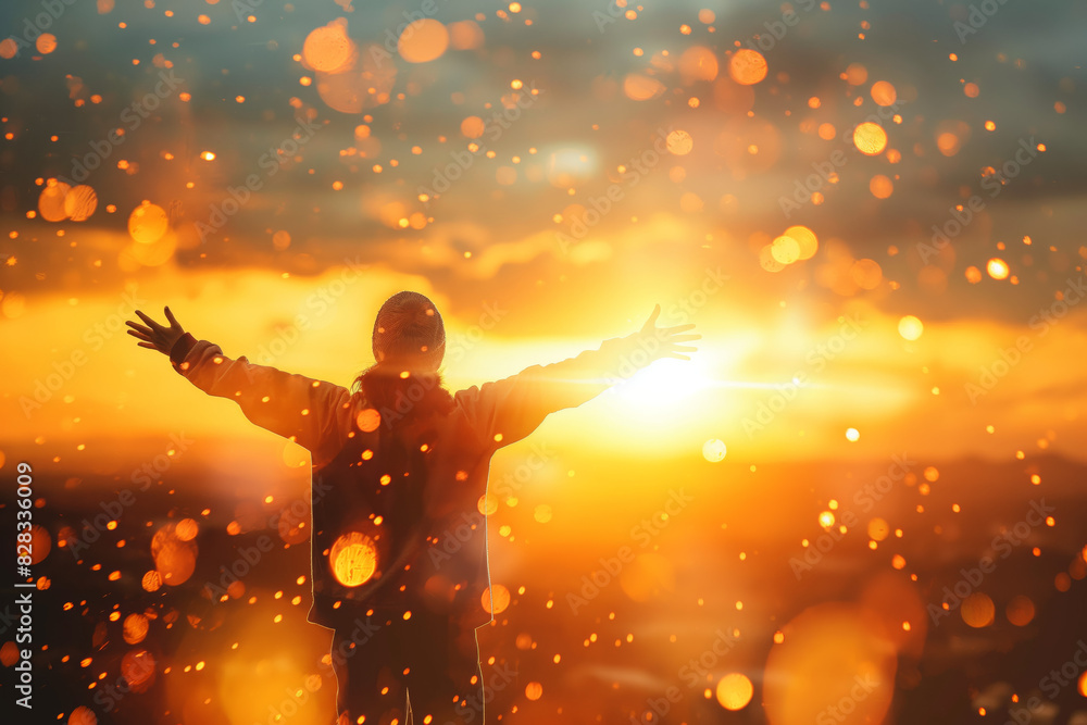 Person standing with open arms facing a glowing sunset, surrounded by bokeh lights, symbolizing freedom and hope. Person standing with open arms facing a glowing sunset, surrounded by bokeh lights, symbolizing freedom and hope.