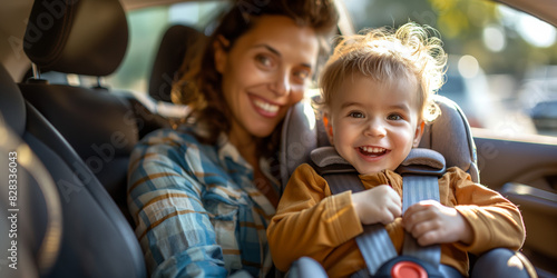 Mother and child sitting in a car, child in safety seat, smiling and enjoying a sunny day. Family travel and safety concept.