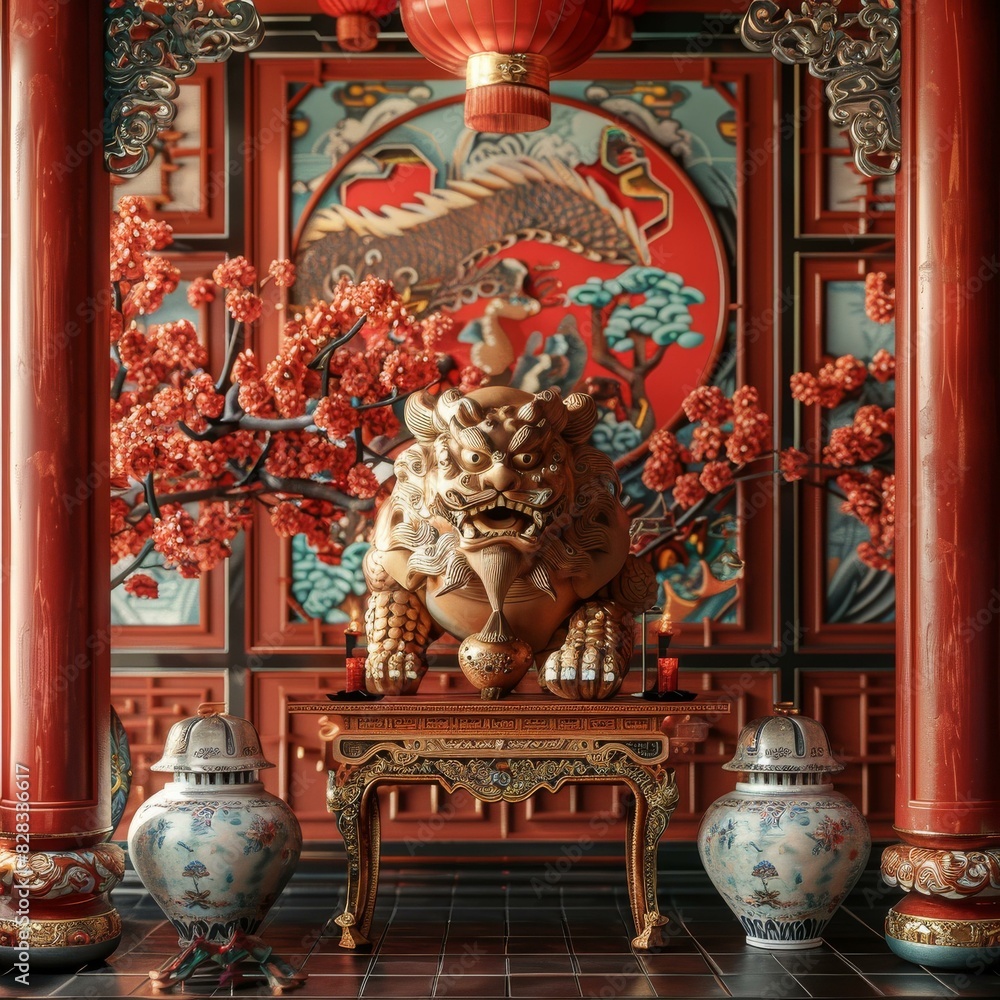 Fototapeta premium Chinese guardian lions in a serene courtyard