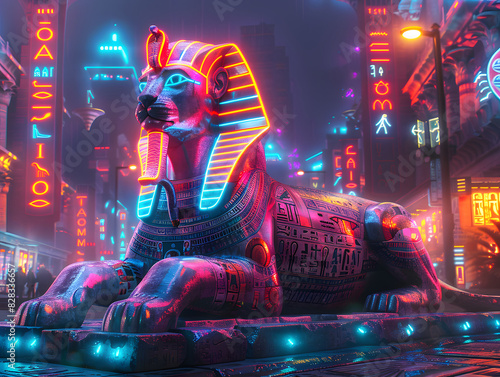 A Sphinx statue is adorned with neon lights  creating a vibrant contrast against the dark background