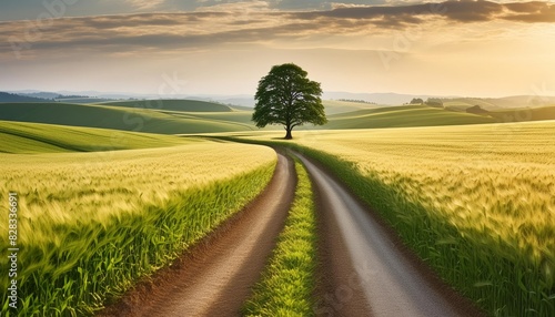 A single road winding through agricultural field  with single tree