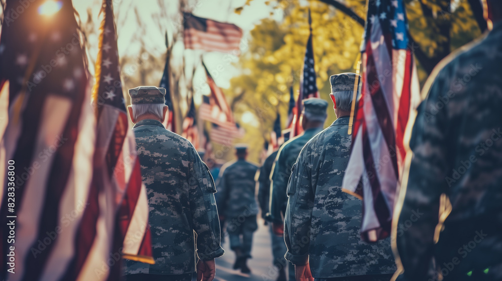 Obraz premium Veterans during ceremony celebration of Independence Day. American Senior War Veterans at a ceremony to commemorate the fallen victims of war. 4th of july mockup. Veterans or armistice mockup