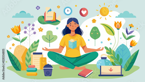 A playful set of self-care activity elements representing yoga, journaling, and spending time in nature.
