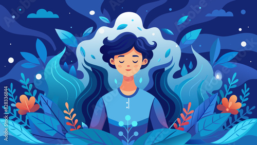 A whimsical vector of a person taking a deep breath, surrounded by calming blue hues.