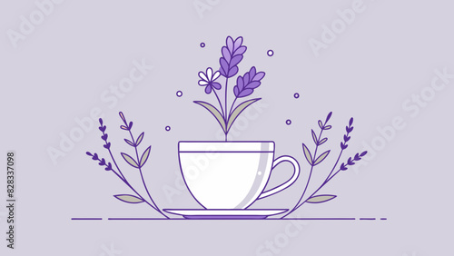 A minimalist line art design of a cup of tea steaming with calming lavender flowers beside it.
