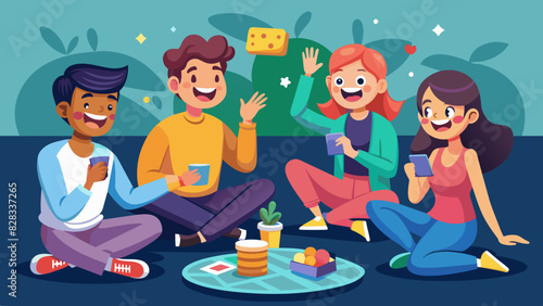 A playful illustration of a group of friends playing games and laughing together.
