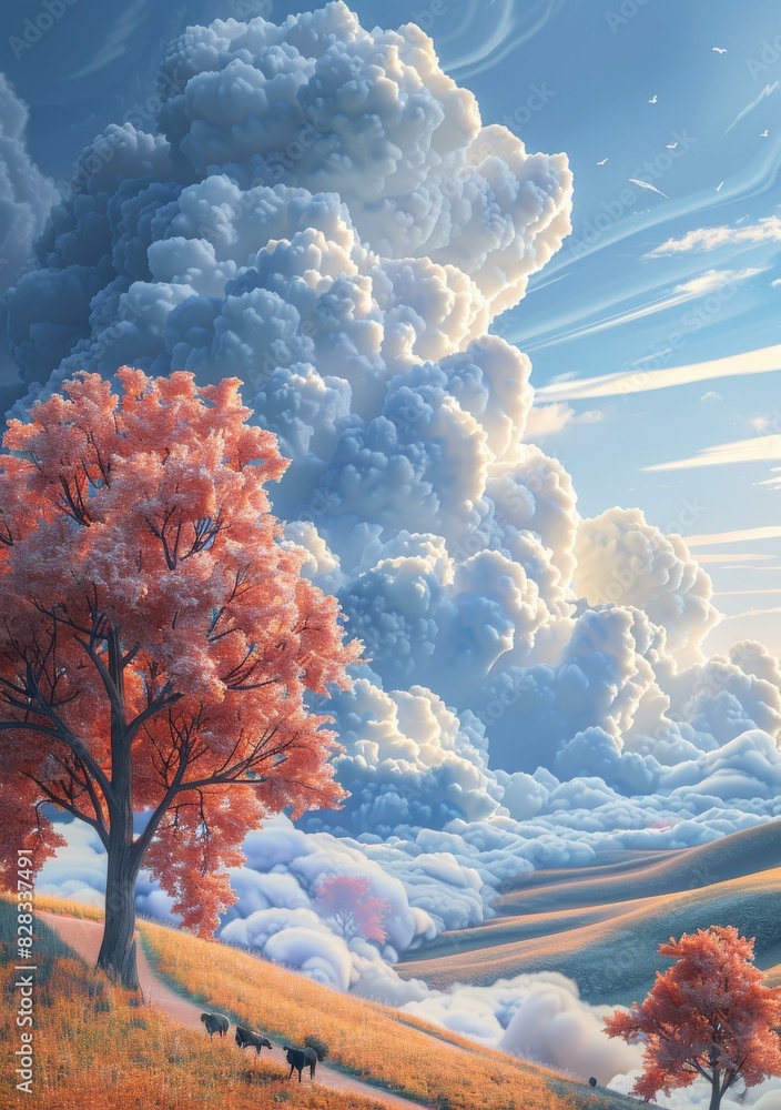 Fototapeta premium Surreal Tree and Dreamy Cloudscape in an Imaginary Sky