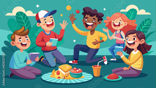 A playful illustration of a group of friends playing games and laughing together.
