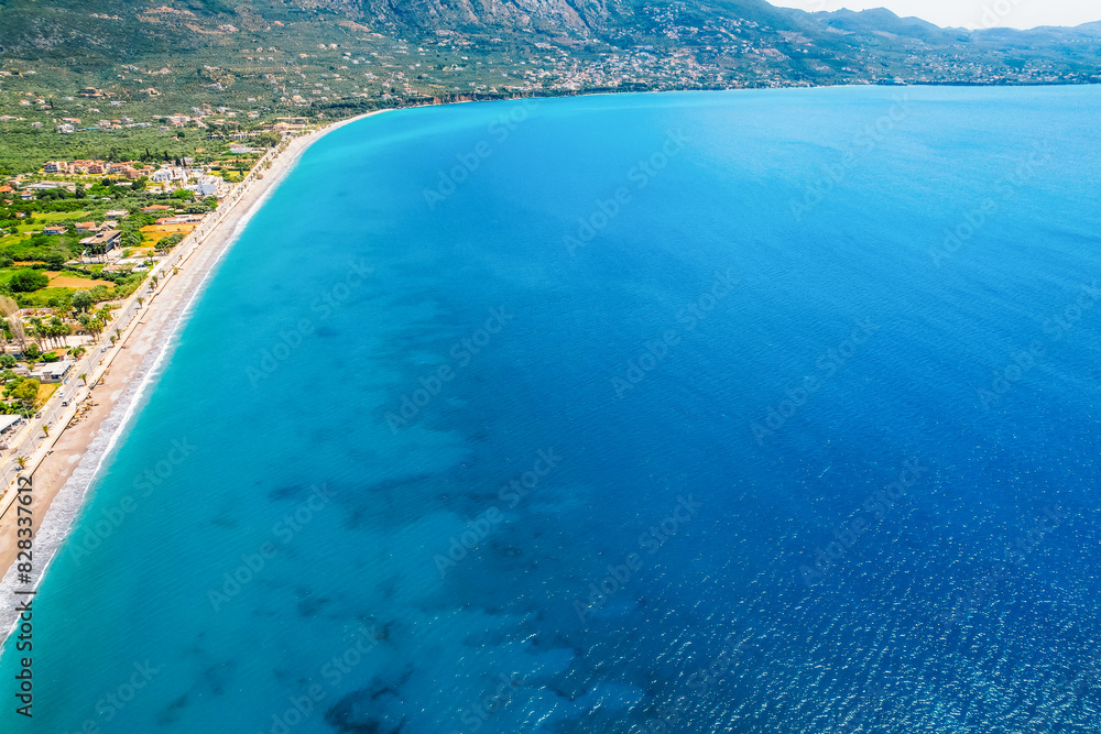 Kalamata Marina port. Aerial photo of Kalamata city, blue long beach in Messenia, Peloponnese, Greece
