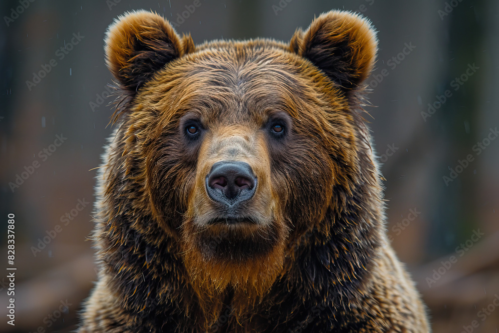 Large brown bear standing alert in a sunny forest clearing Large brown bear standing alert in a sunny forest clearing