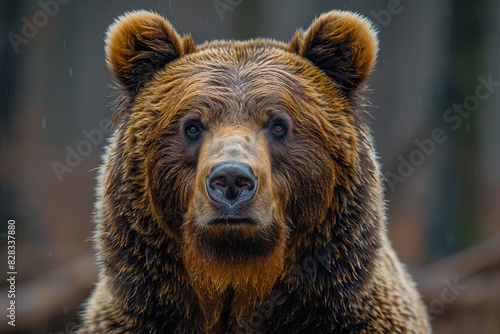  Large brown bear standing alert in a sunny forest clearing