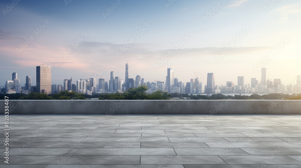 Modern city skyline with empty terrace during sunrise, urban landscape, serene sky view. Ideal for business, travel and architecture themes. Modern city skyline with empty terrace during sunrise, urban landscape, serene sky view. Ideal for business, travel and architecture themes.