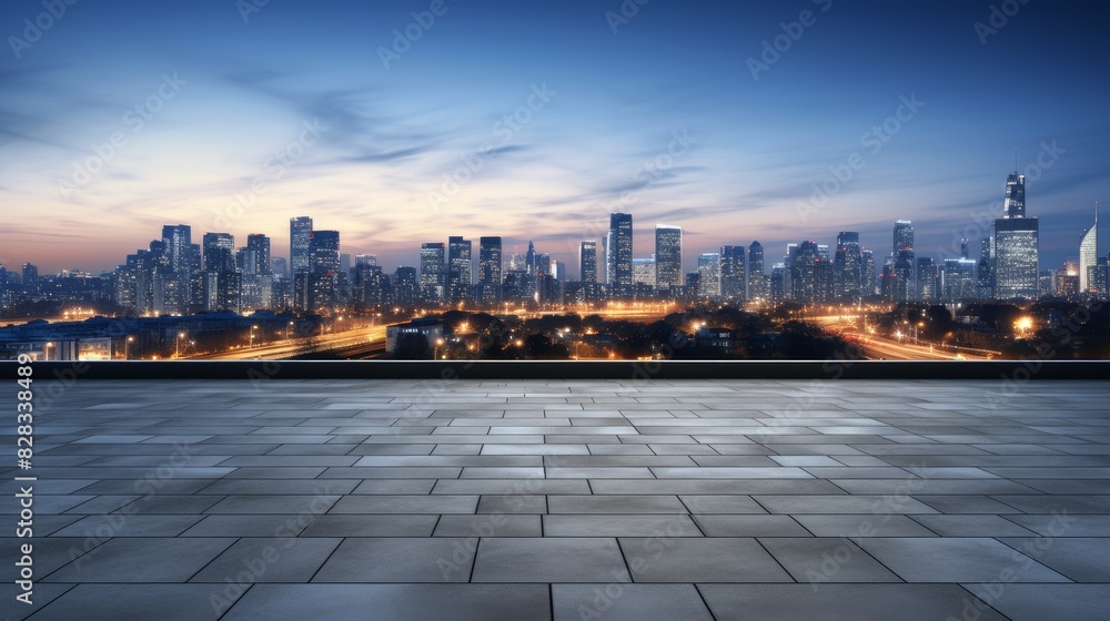Stunning city skyline at dusk with illuminated skyscrapers viewed from an open terrace with large stone tiles showcasing urban beauty and architecture.