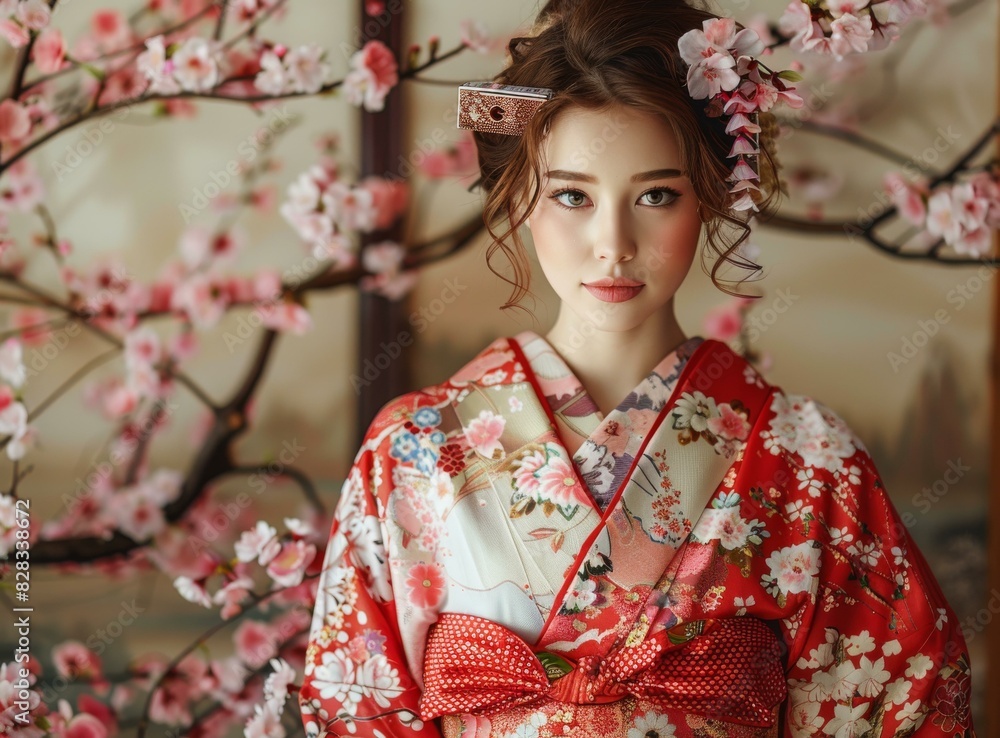 Fototapeta premium Japanese Woman in Traditional Red Kimono with Cherry Blossom Flowers