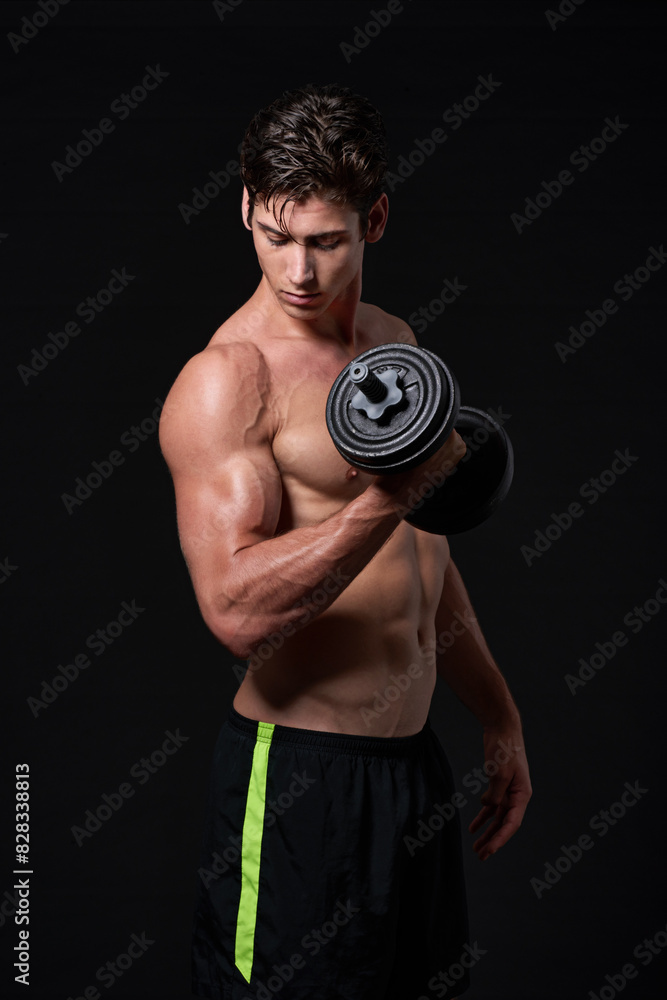 Bicep, curl and dumbbell with sports man in studio isolated on black background for health or wellness. Exercise, fitness or weight training with shirtless and strong athlete in dark for workout Bicep, curl and dumbbell with sports man in studio isolated on black background for health or wellness. Exercise, fitness or weight training with shirtless and strong athlete in dark for workout