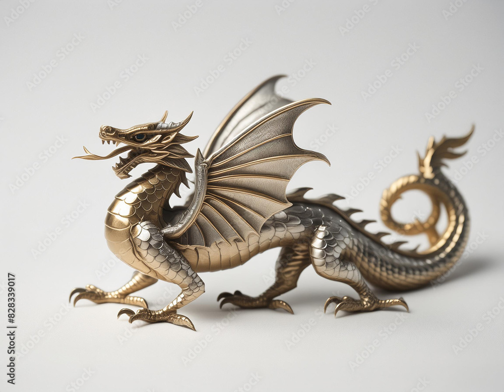 Figura dragón medieval de metal con fondo blanco Figura dragón medieval de metal con fondo blanco