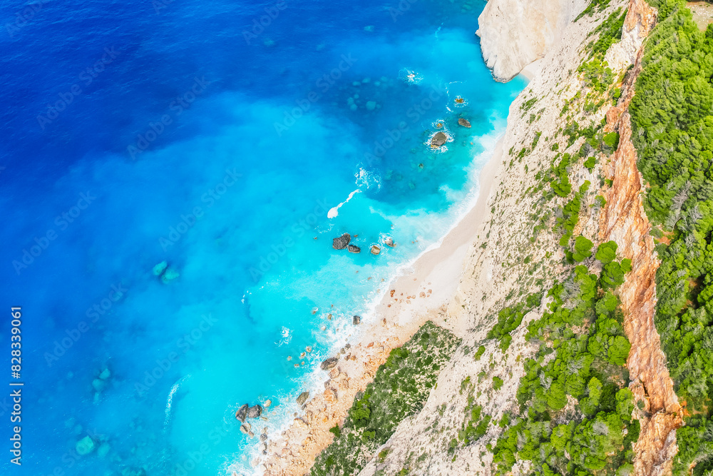 Myzithres beach near Keri Lighthouse on Zakynthos island or Zante Island, Greece. Beautiful views of azure sea water and nature with cliffs cave