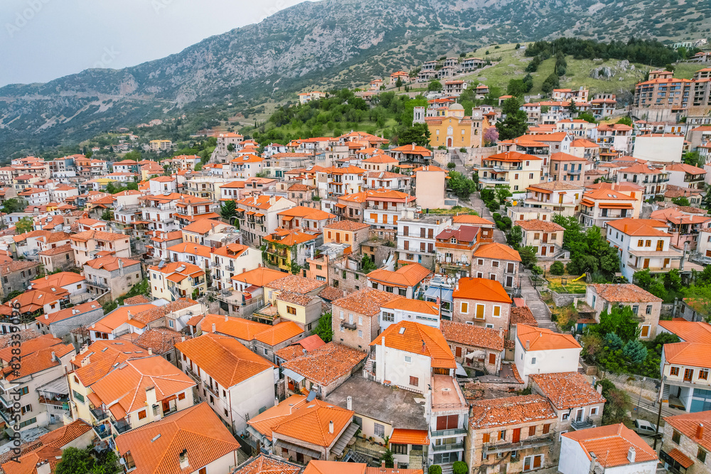 Aerial view of the town Arachova, Greece, near Parnassus mountain and Temple of Delphi.