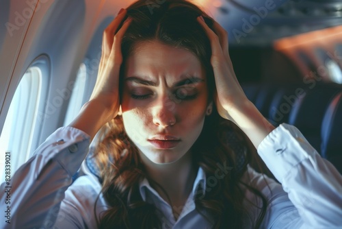 Young air stewardess suffering from headache on an airplane