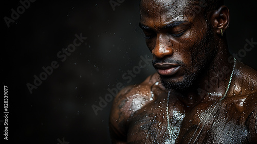 Photo of muscular man that stands on black background. Confident bodybuilder standing with tense muscles, emphasizing the dedication to physical fitness