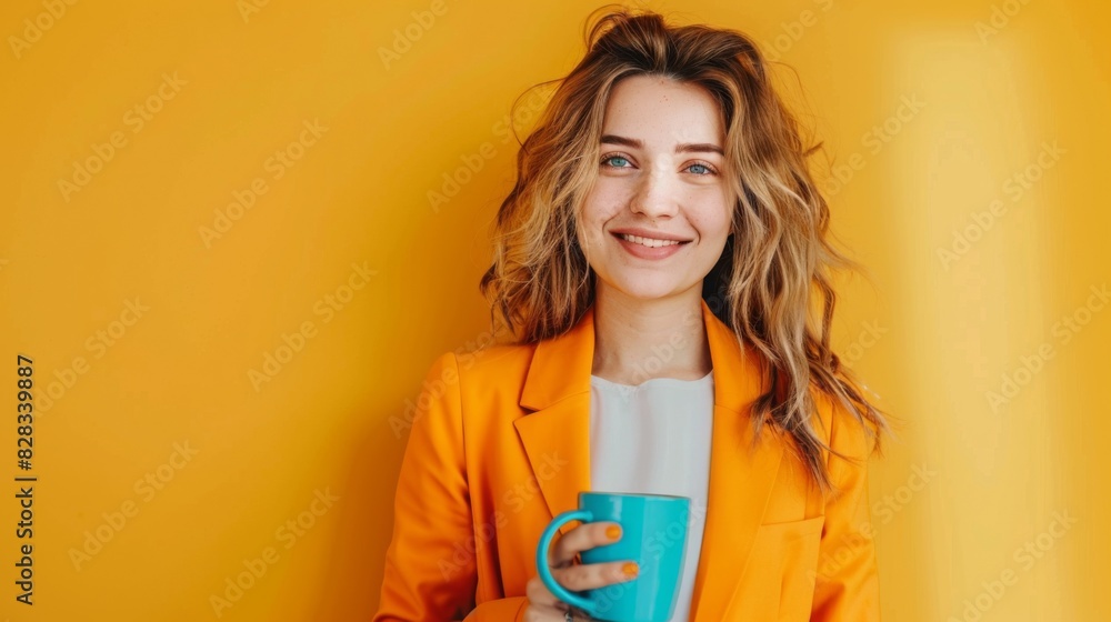 The smiling woman with mug The smiling woman with mug