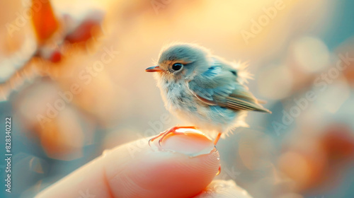 Tiny bird perched on a fingertip in a warm, blurred background.