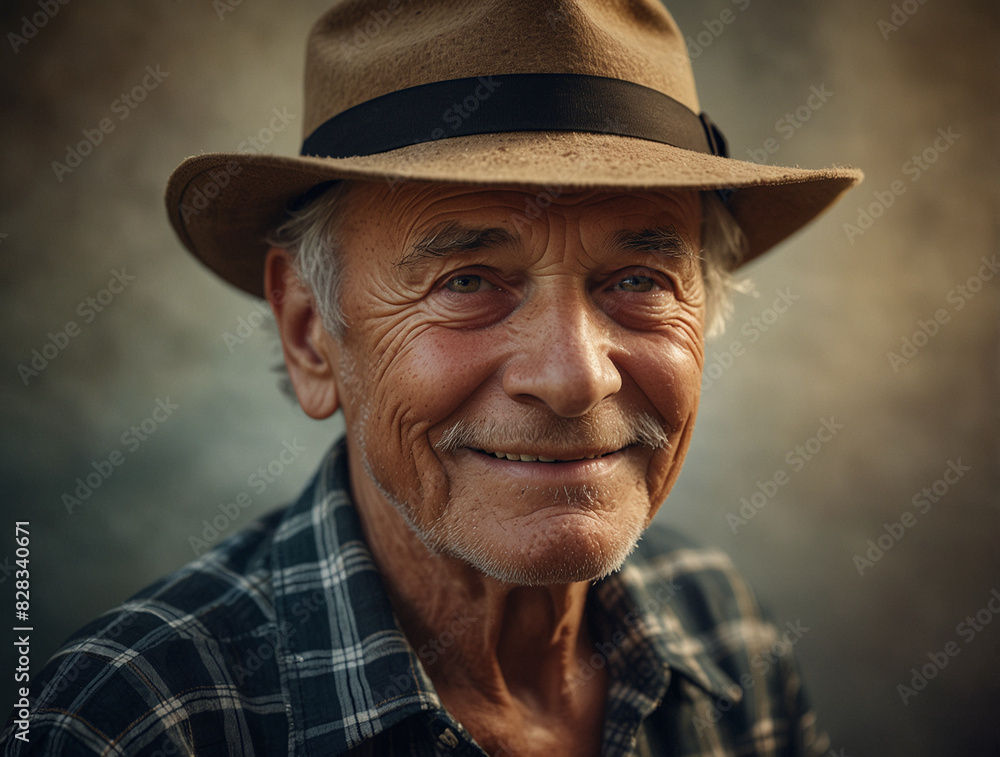 Portrait of a Joyful Elderly Man in Plaid Shirt and Hat Portrait of a Joyful Elderly Man in Plaid Shirt and Hat