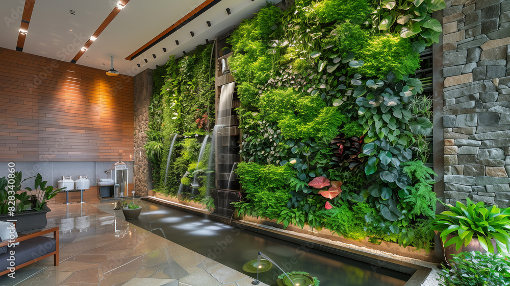 there is a living room with a waterfall and a couch