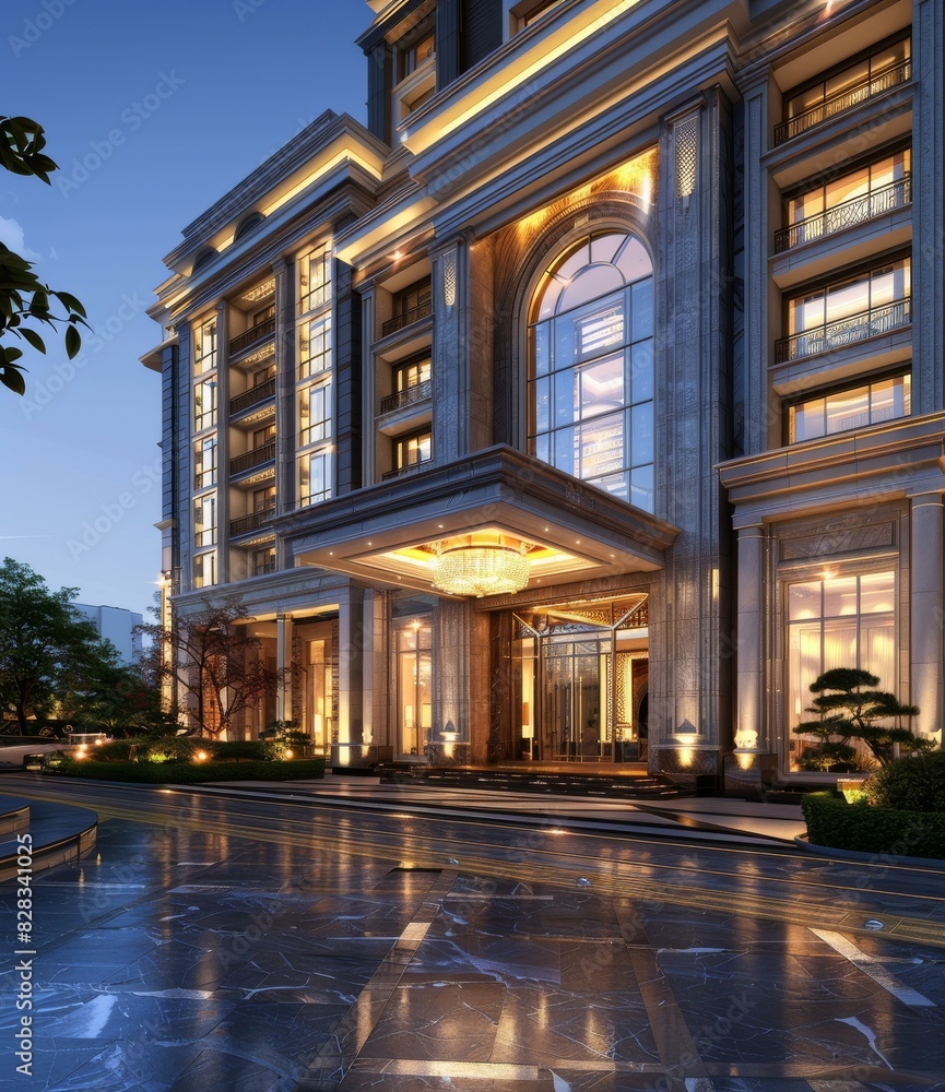 Fototapeta premium Luxury Hotel Night View: Majestic Facade and City Lights