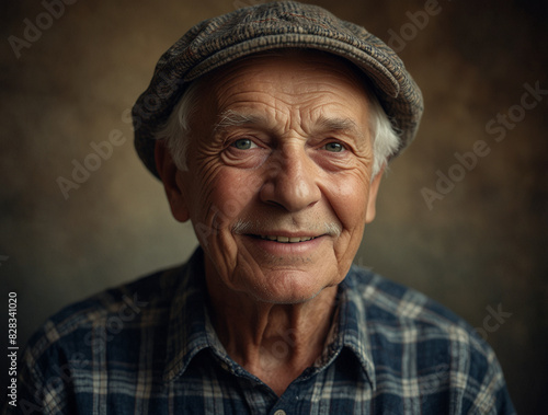 Portrait of a Joyful Elderly Man in Plaid Shirt and Hat