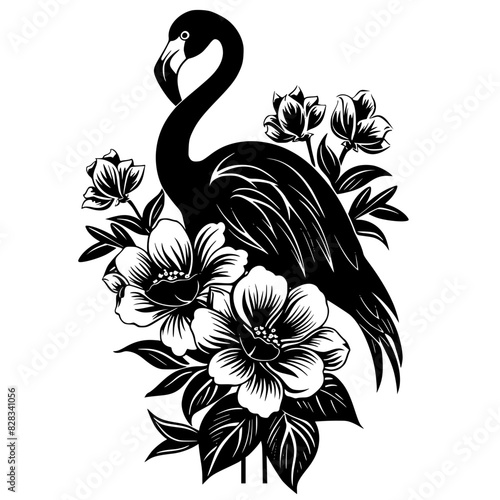 Floral Flamingo Line Art Illustration, Black and white line art illustration of a flamingo surrounded by flowers, ideal for artistic designs, prints, and nature-themed projects.