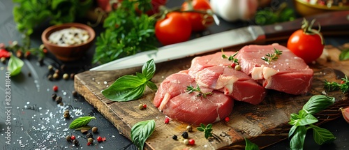 Fresh raw meat slices with herbs, tomatoes, and spices on a rustic wooden cutting board, ready for cooking. Perfect for culinary and food photography.