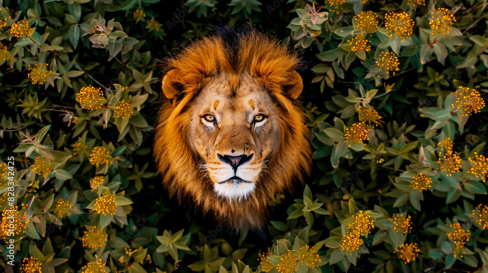 Fototapeta premium Lion amidst green foliage with yellow flowers.
